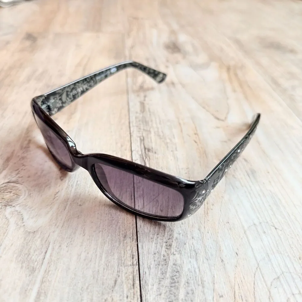 Y2K Foster Grant Black Floral Rhinestone Sunglasses Gray Rectangle Wrap Frame